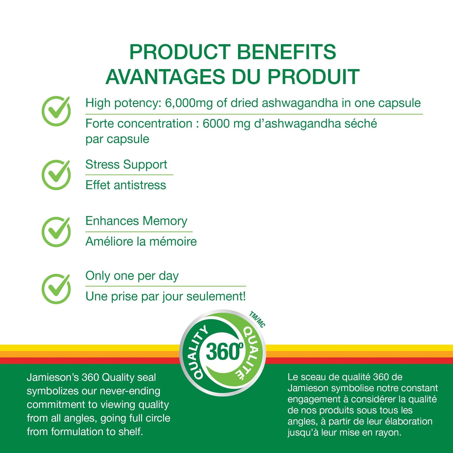 Jamieson High-Potency Ashwagandha 6,000 mg, Increases Resistance to Stress, Adaptogen, and Enhances Memory. Non-GMO, Vegetarian, Gluten-Free, Only One Per Day, 60 Capsules - Available at All In One Marketplace Canada
