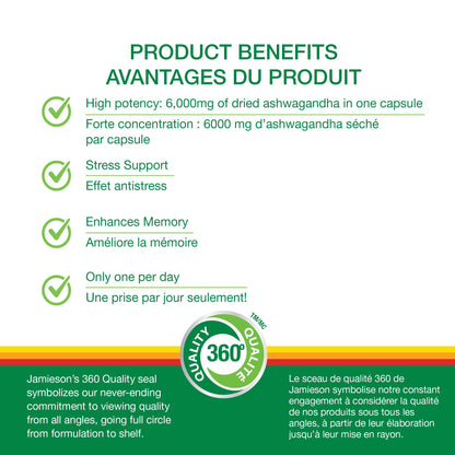 Jamieson High-Potency Ashwagandha 6,000 mg, Increases Resistance to Stress, Adaptogen, and Enhances Memory. Non-GMO, Vegetarian, Gluten-Free, Only One Per Day, 60 Capsules - Available at All In One Marketplace Canada