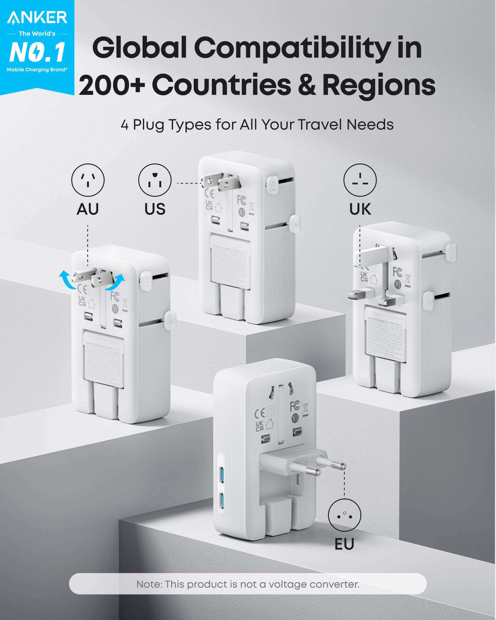 Anker Nano European Travel Plug Adapter, 5-Port Fordable Travel Adapter with 1AC 2USB-A 2USB-C Ports,Temperature Control, Essentials for Over 200 Countries, Ideal for Travel (1-Pack) (White) - Available at All In One Marketplace Canada