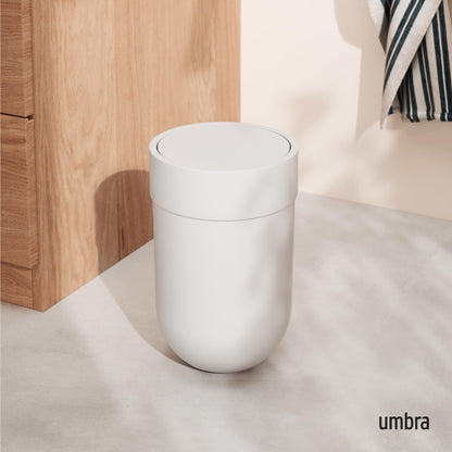 Umbra Touch Trash Can, Small 1.6-Gallon Garbage Bin with Swing Lid, Waste Basket for Bathroom or Office, White Umbra