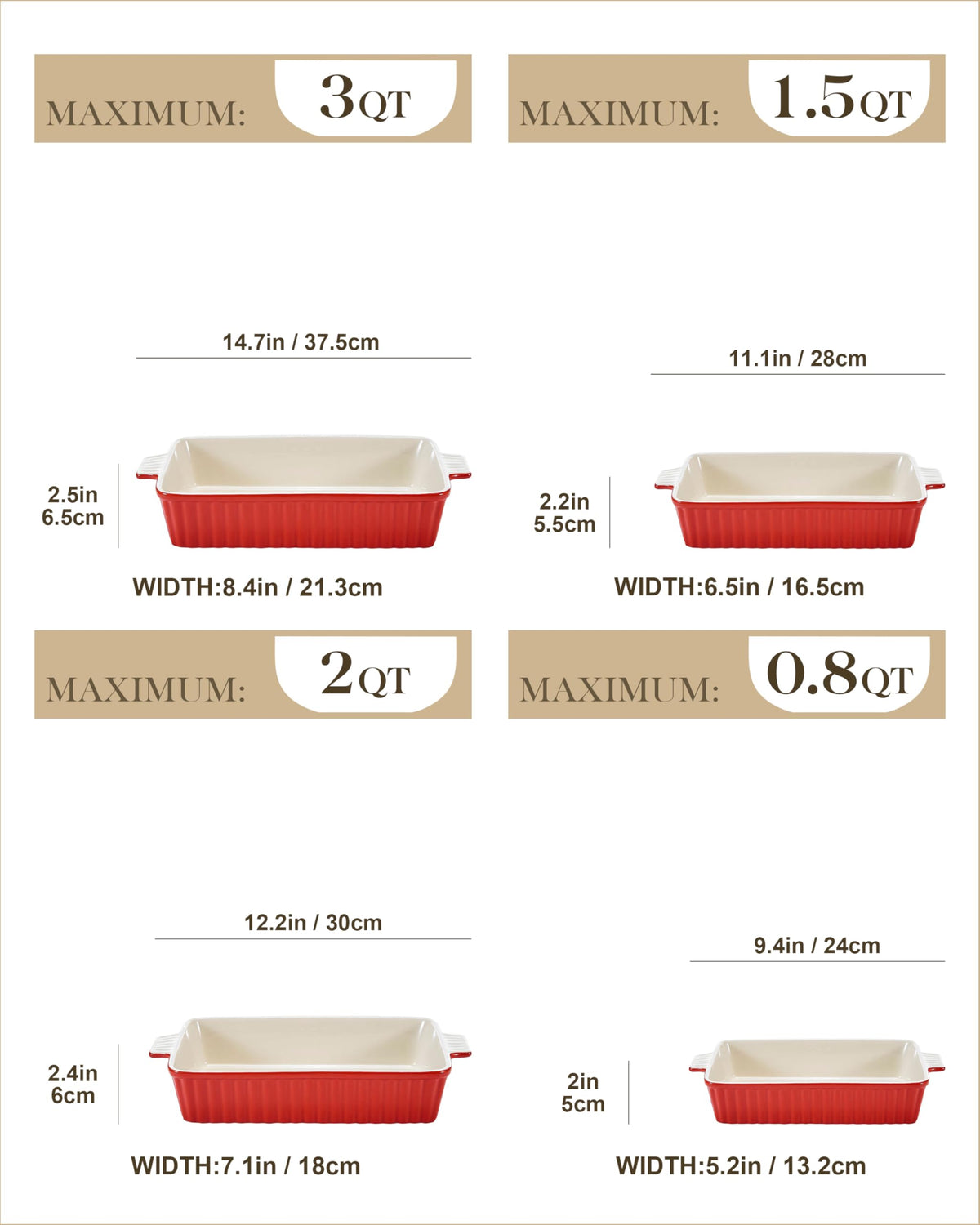 MALACASA Bakeware Set of 4, Porcelain Baking Pans Set for Oven, Casserole Dish, Ceramic Rectangular Baking Dish Lasagna Pans for Cooking Cake Pie Dinner Kitchen, Red (9.5"/11.25"/12.75"/14.5") 🍁 All In One Marketplace Canada