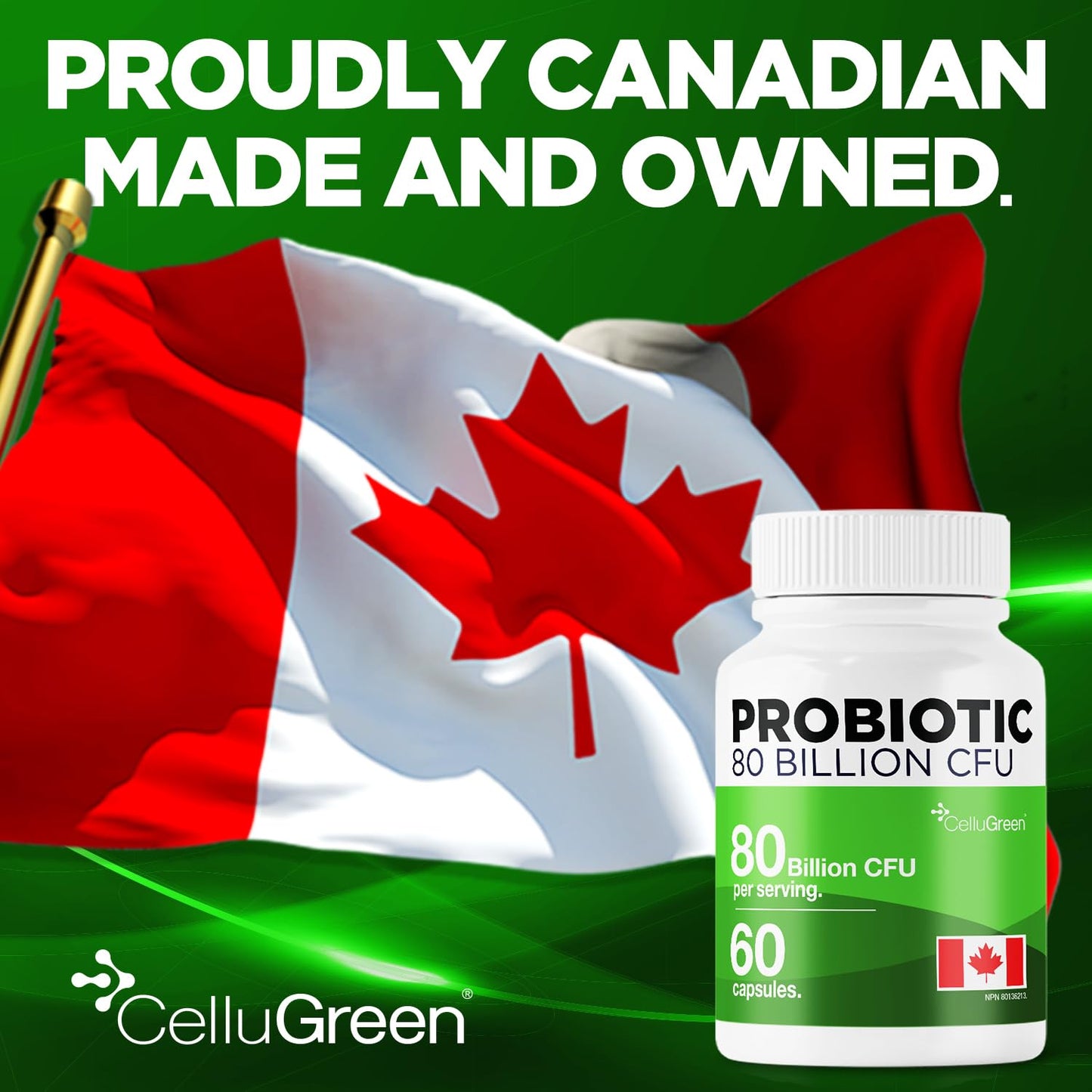 CelluGreen Probiotics 80 Billion CFU for Men & Women – 15 Strains – Digestive & Gut Health Support – Bloating & Gas Relief – Shelf Stable, Vegan, Non-GMO – 60 Capsules - Available at All In One Marketplace Canada