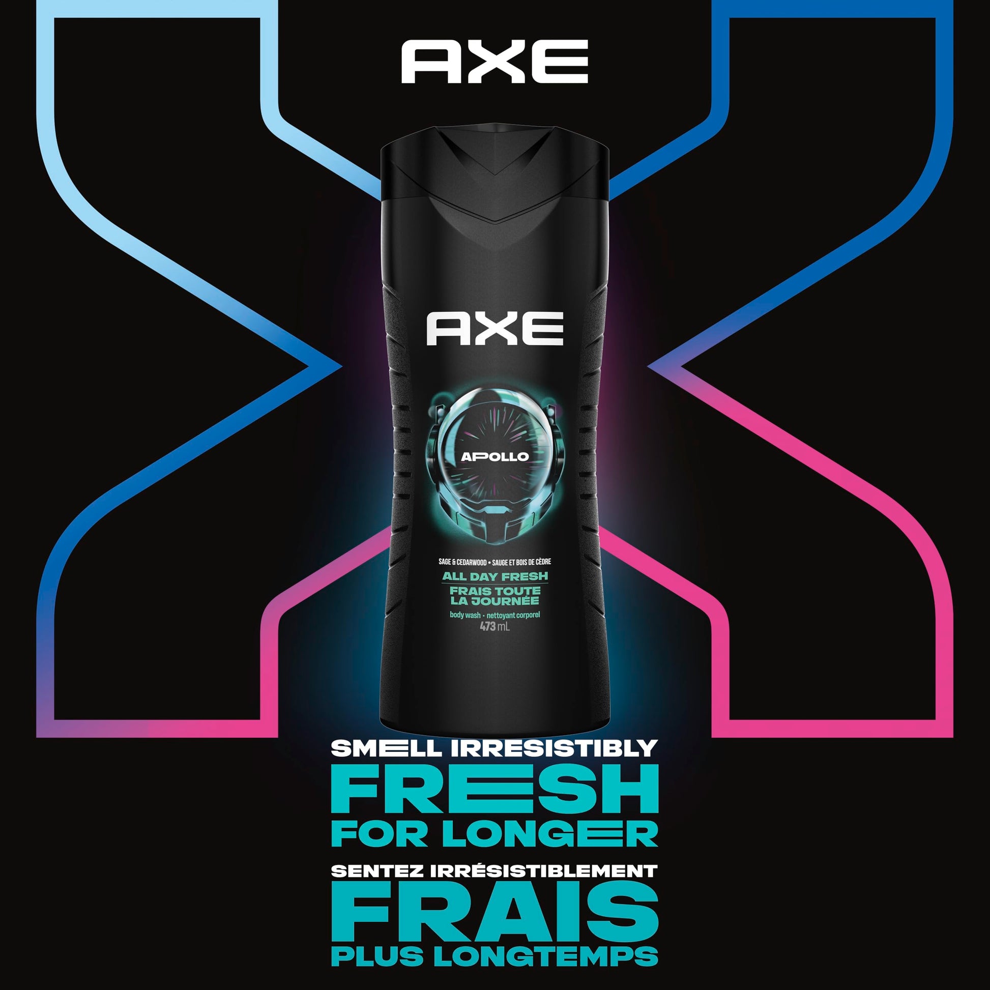 AXE Apollo Men's Body Wash for All Day Freshness, Sage & Cedarwood, with 100% Plant-Based Moisturizers, 473ml (Pack of 4)