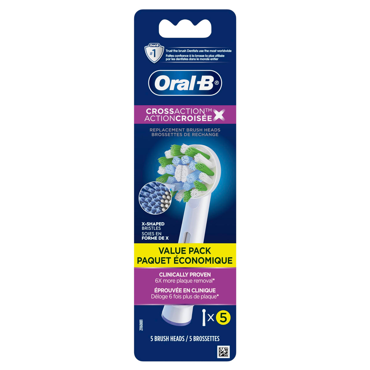 Oral-B Genuine Replacement Brush Heads, Cross Action, Refills For Oral-B Electric Toothbrushes, White, 5 Count