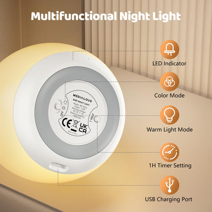 Night Lights for Kids, MediAcous Baby Night Light with 7 Colors Changing & Dimming Function, Rechargeable Kids Night Light with 1 Hour Timer & Touch Control, Up to 100H