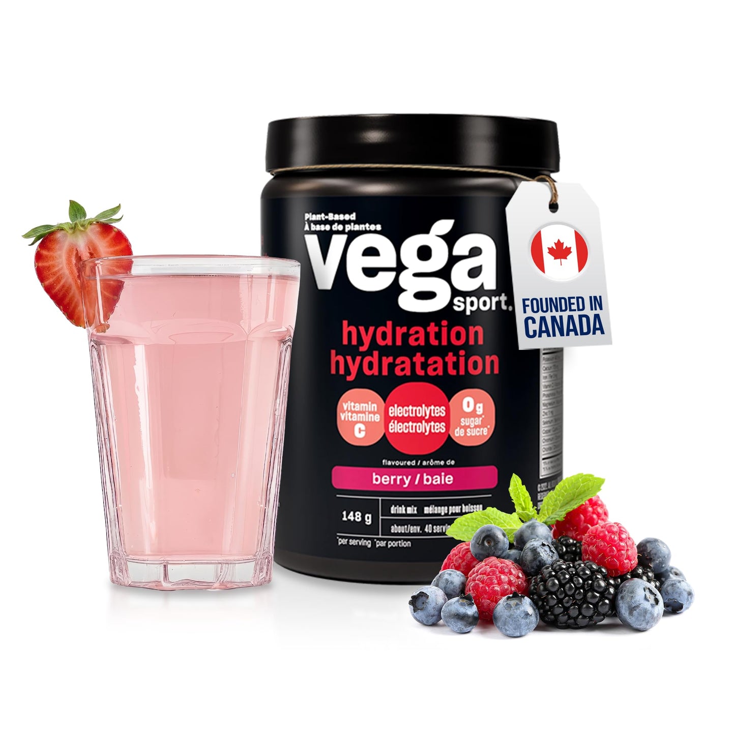 Vega Sport Hydration Electrolyte Powder, Plant Based for Fast Post Workout Hydration – Sugar-Free Berry, 40 Servings, 148 grams - Available at All In One Marketplace Canada
