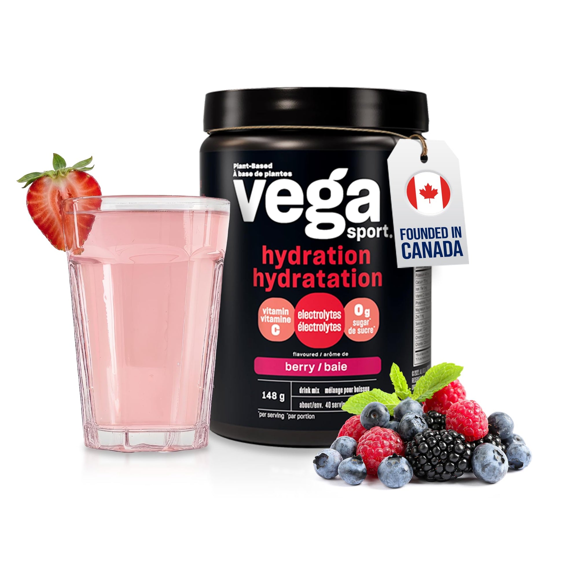 Vega Sport Hydration Electrolyte Powder, Plant Based for Fast Post Workout Hydration – Sugar-Free Berry, 40 Servings, 148 grams - Available at All In One Marketplace Canada