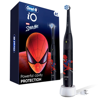 Oral-B iO Kids Rechargeable Electric Powered Toothbrush, Spiderman with 1 Gentle Care Brush Head - Automatic Pressure Sensor to Protect Gums - 3 Cleaning Settings - 2 Min Music Timer - 28 Day Battery Life - Available at All In One Marketplace Canada