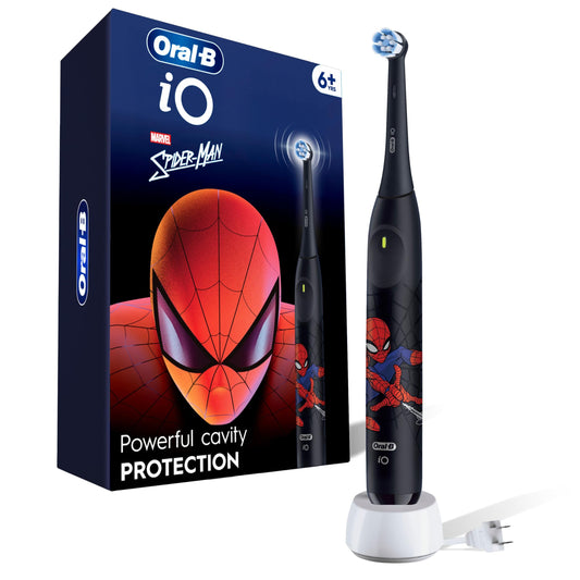 Oral-B iO Kids Rechargeable Electric Powered Toothbrush, Spiderman with 1 Gentle Care Brush Head - Automatic Pressure Sensor to Protect Gums - 3 Cleaning Settings - 2 Min Music Timer - 28 Day Battery Life - Available at All In One Marketplace Canada
