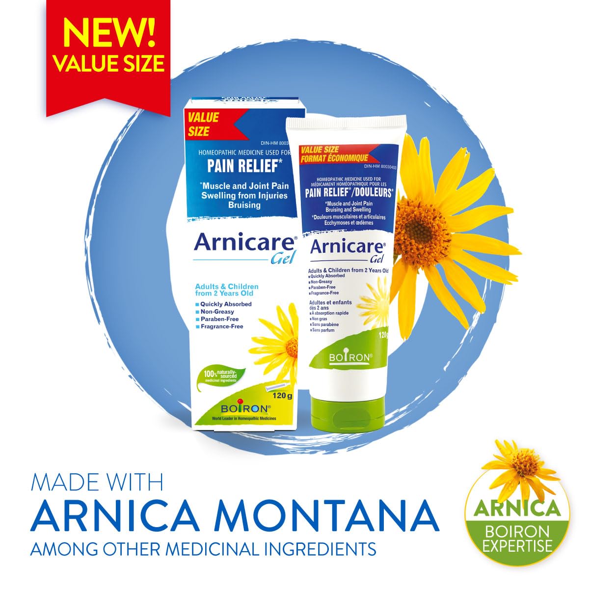 Boiron Arnicare Gel 120g for pain relief, Muscle pain and joint pain. Eases resorption of bruises and inflammatory oedema caused by falls, blows, blunt injury or surgery. 🍁 All In One Marketplace Canada