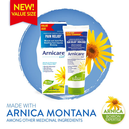 Boiron Arnicare Gel 120g for pain relief, Muscle pain and joint pain. Eases resorption of bruises and inflammatory oedema caused by falls, blows, blunt injury or surgery. 🍁 All In One Marketplace Canada