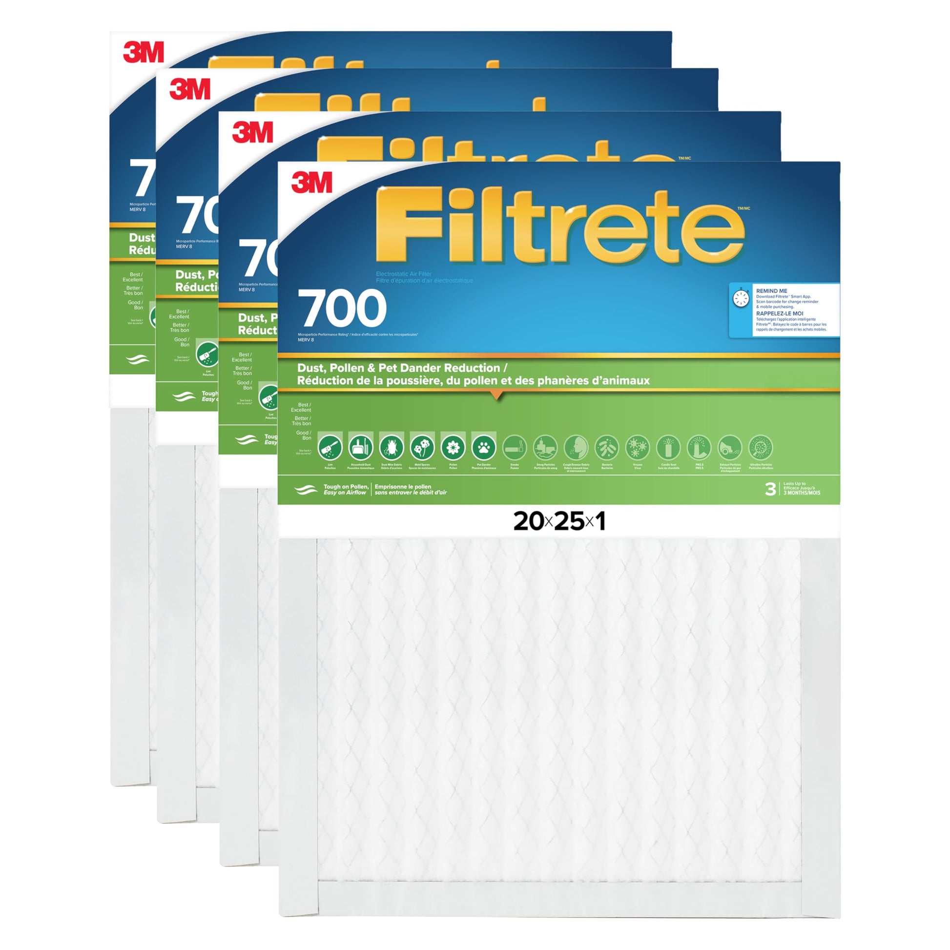 Filtrete 20x25x1 AC Furnace Air Filter, MPR 700, MERV 8, Tough on Pollen, Easy on Airflow, 3-Month Pleated 1-Inch Electrostatic Air Cleaning Filter, 4-Pack (Actual Size 19.69 x 24.69 x 0.81 in)