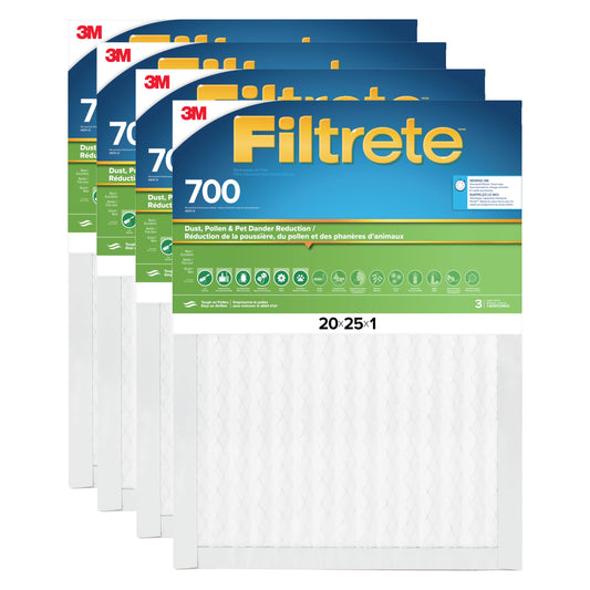 Filtrete 20x25x1 AC Furnace Air Filter, MPR 700, MERV 8, Tough on Pollen, Easy on Airflow, 3-Month Pleated 1-Inch Electrostatic Air Cleaning Filter, 4-Pack (Actual Size 19.69 x 24.69 x 0.81 in)