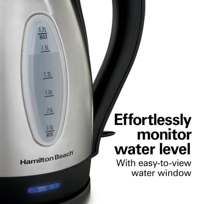 Hamilton Beach Electric Tea Kettle, Water Boiler & Heater, 1.7 Liter, Cordless Serving, 1500 Watts for Fast Boiling, Auto-Shutoff and Boil-Dry Protection, Stainless Steel (40880C)