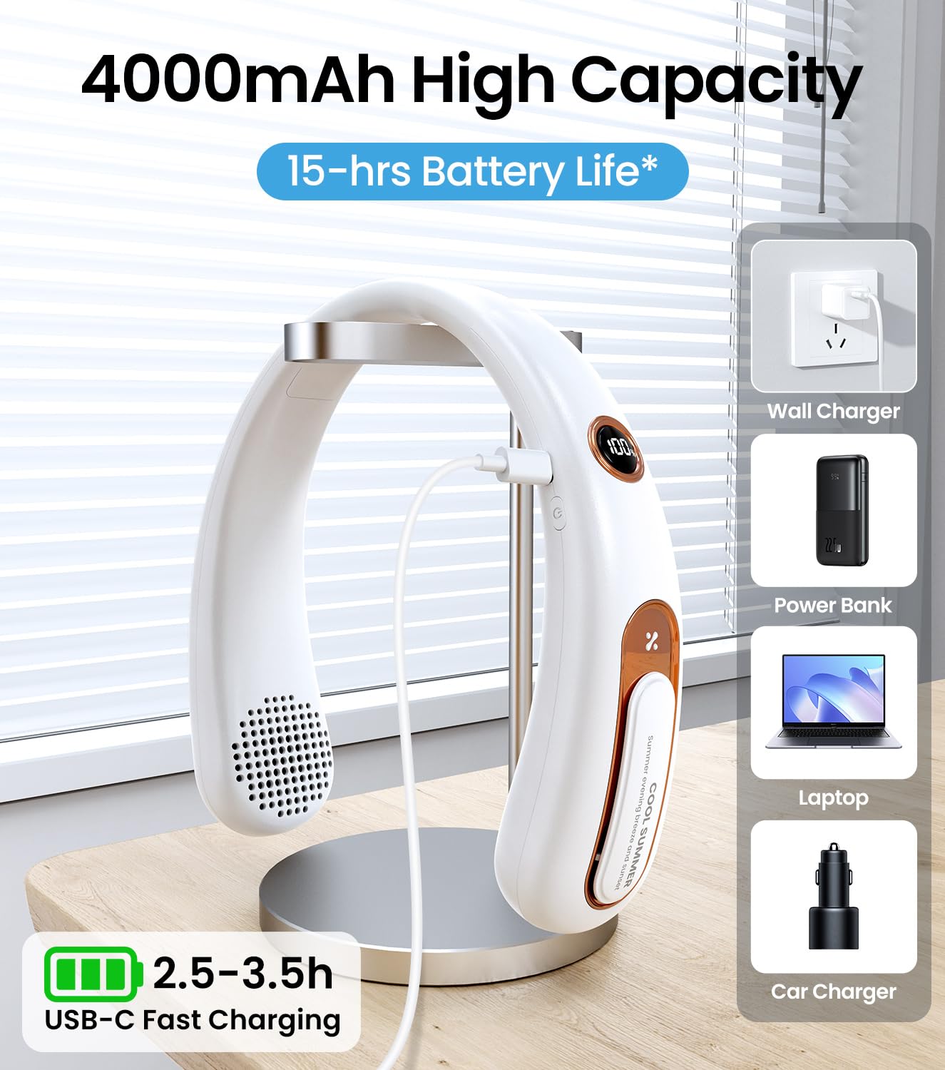 Neck Fan, Hands Free Bladeless Portable Neck Fan, 4000mAh USB Rechargeable Battery Fan, 3 Speed Personal Cooling Fan with 360° Airflow - for Hot Flashes Home Office Travel Outdoor Sports (White) - Available at All In One Marketplace Canada