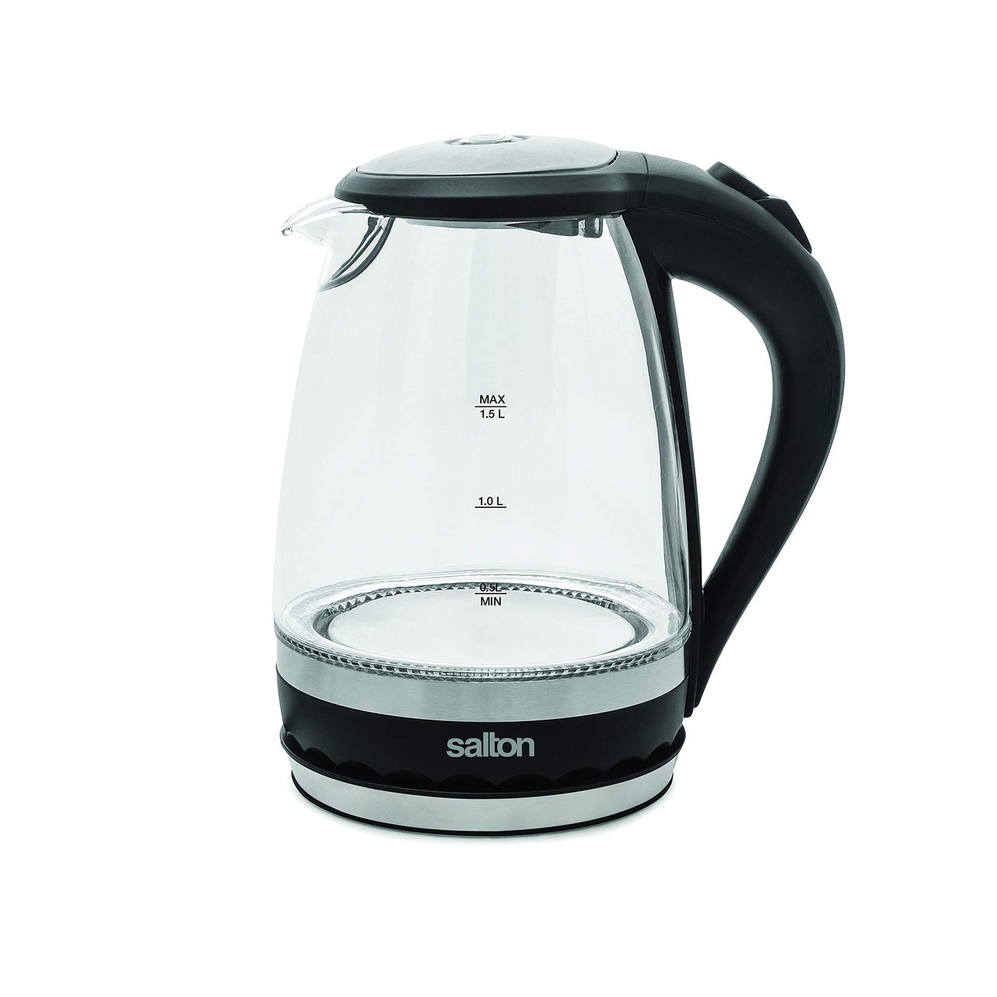 Salton Cordless Electric Glass Kettle - Compact 1.5L/Quart Water Boiler and Tea Heater with Automatic Shut-Off and Boil-Dry Protection, Soft Blue Illumination, Stainless Steel, 1100 Watts Salton