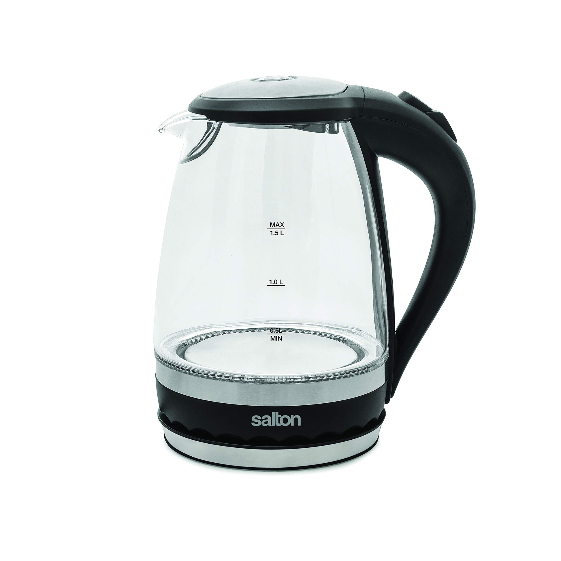 Salton Cordless Electric Glass Kettle - Compact 1.5L/Quart Water Boiler and Tea Heater with Automatic Shut-Off and Boil-Dry Protection, Soft Blue Illumination, Stainless Steel, 1100 Watts Salton