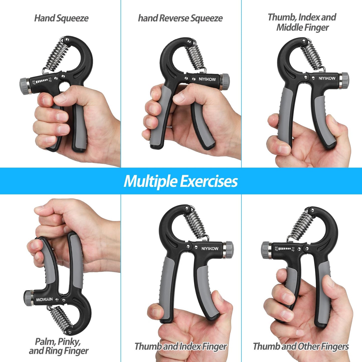 NIYIKOW 2 Pack Hand Grip Strengthener, Grip Strength Trainer, Adjustable Resistance 22-132Lbs (10-60kg), Forearm Strengthener, Perfect for Musicians Athletes - Grey