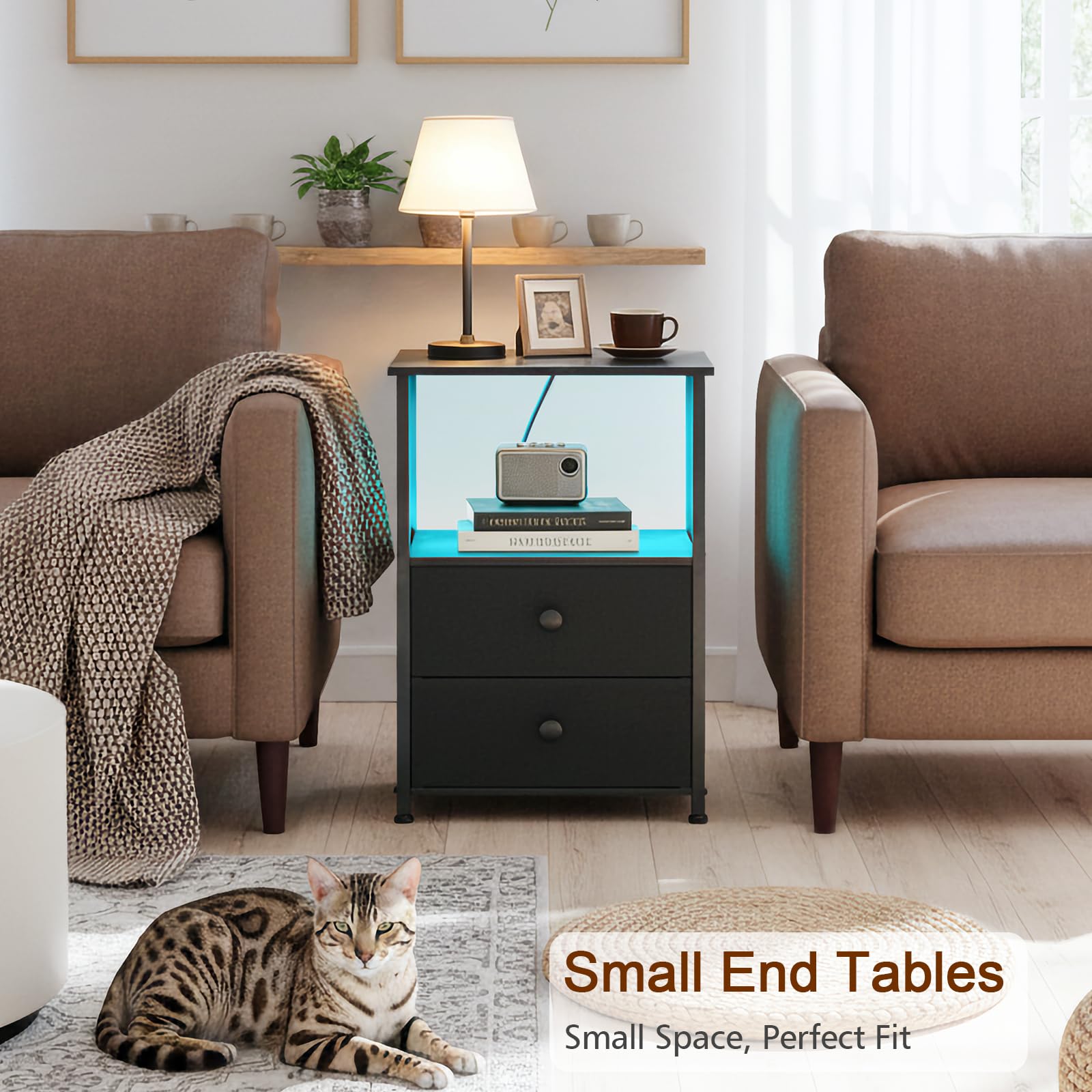 LOAKEKEL Night Stands Set 2, Bedside Table with Charging Station and LED Light, Nightstand with 2 AC Outlets and USB Ports, End Table with 2 Fabric Drawers for Bedroom, Living Room, Black, HETS02BK - Available at All In One Marketplace Canada