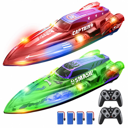 DEERC 2 Pack 13 inch Remote Control Boat for Kids, 4 Batteries, 2.4Ghz RC Racing Boat with LED Lights for Pools and Lakes, Water Summer Toy Gift