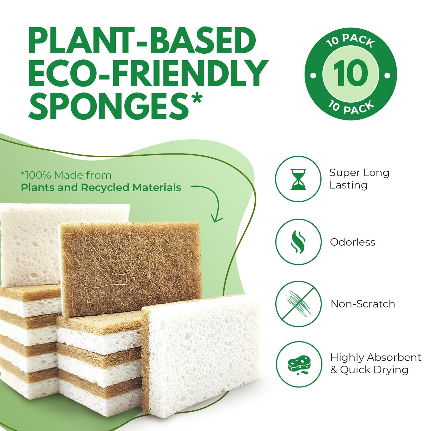 AIRNEX 10 Pack Biodegradable Natural Kitchen Sponges - Eco Friendly Cellulose and Coconut Dish Scrubbers - Odourless, Non Scratch, Dual Sided Multipurpose Sponges - Available at All In One Marketplace Canada