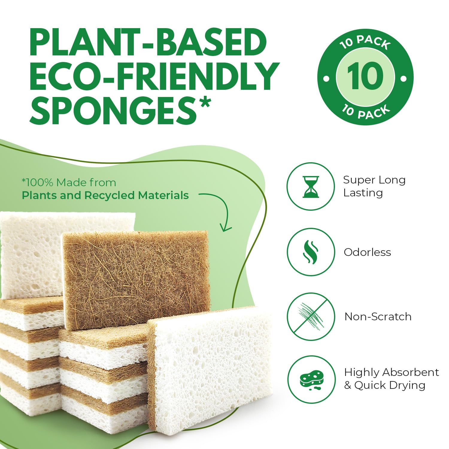 AIRNEX 10 Pack Biodegradable Natural Kitchen Sponges - Eco Friendly Cellulose and Coconut Dish Scrubbers - Odourless, Non Scratch, Dual Sided Multipurpose Sponges - Available at All In One Marketplace Canada