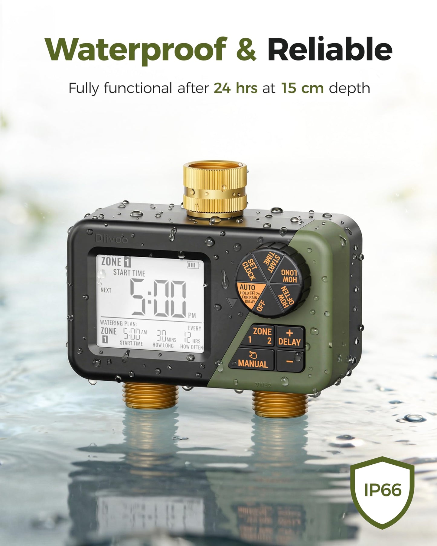 Diivoo 2 Zone Water Timer for Garden Hose, Programmable Sprinkler Hose Timer with Brass Inlet & Outlet, IP66 Waterproof, Rain Delay & Manual Mode for Irrigation, Lawn, Yard - Available at All In One Marketplace Canada
