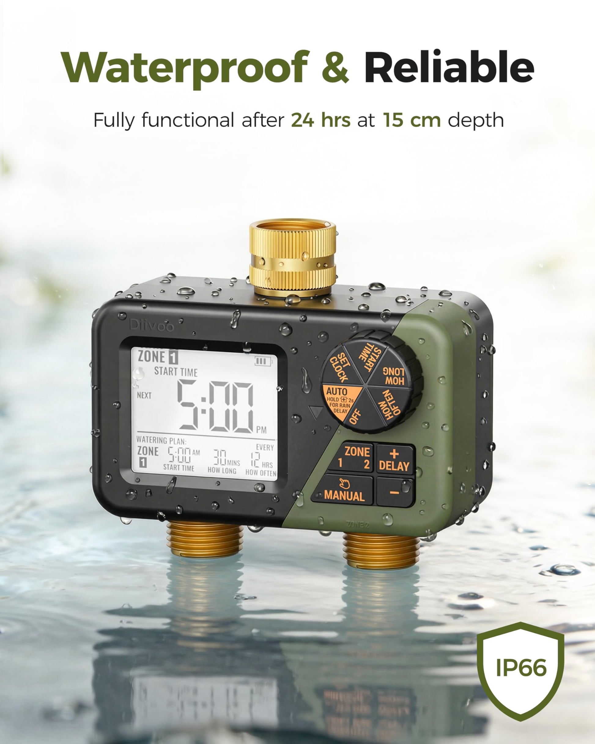 Diivoo 2 Zone Water Timer for Garden Hose, Programmable Sprinkler Hose Timer with Brass Inlet & Outlet, IP66 Waterproof, Rain Delay & Manual Mode for Irrigation, Lawn, Yard - Available at All In One Marketplace Canada