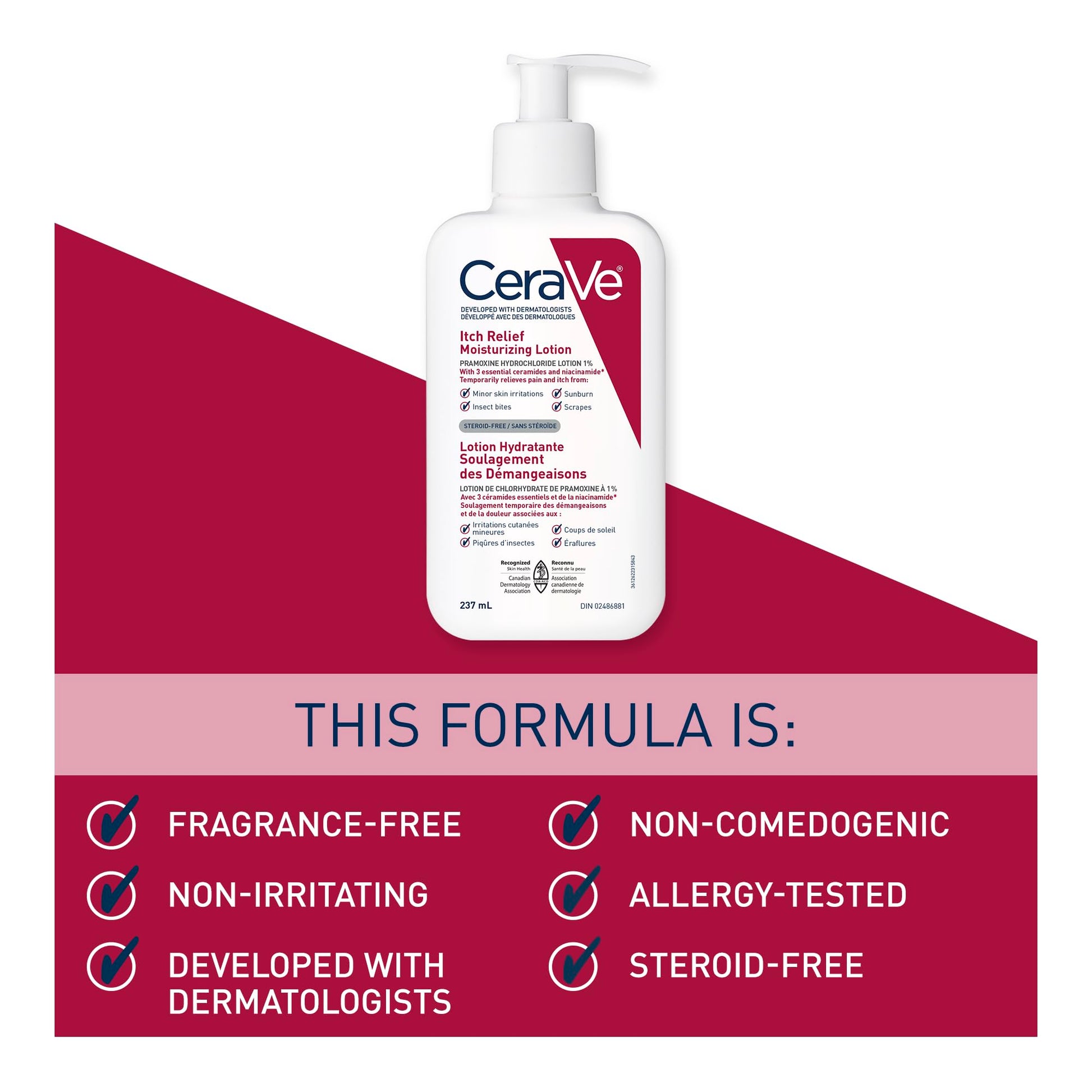 CeraVe Itchy Skin Relief Moisturizing Lotion. For Dry & Eczema-prone skin. Anti-itch cream for minor skin irritations, sunburn relief, insect bug bites & scrapes, 1% Pramoxine. Fragrance Free, 237ML - Available at All In One Marketplace Canada