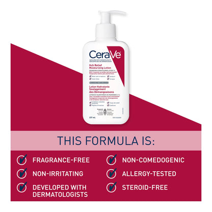 CeraVe Itchy Skin Relief Moisturizing Lotion. For Dry & Eczema-prone skin. Anti-itch cream for minor skin irritations, sunburn relief, insect bug bites & scrapes, 1% Pramoxine. Fragrance Free, 237ML - Available at All In One Marketplace Canada
