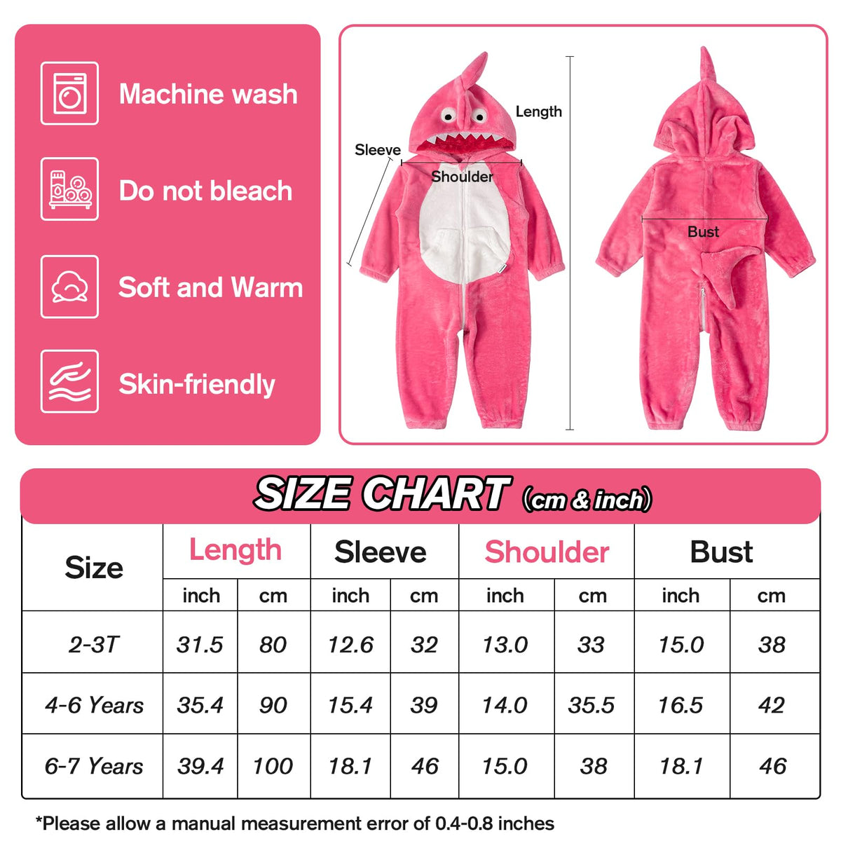LOLANTA Toddler Boys Girls Shark Costume Hooded Flannel Romper, Pink, 2-3T 🍁 All In One Marketplace Canada