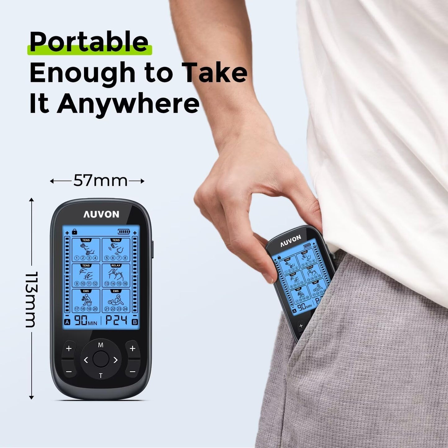 AUVON 3-in-1 TENS Machine, TENS EMS Muscle Stimulator with 40 Intensities for Gradual Shoulder, Sciatica, Back Pain Relief, 24 Modes Rechargeable TENS Unit Massager with 12 TENS Pads - Available at All In One Marketplace Canada