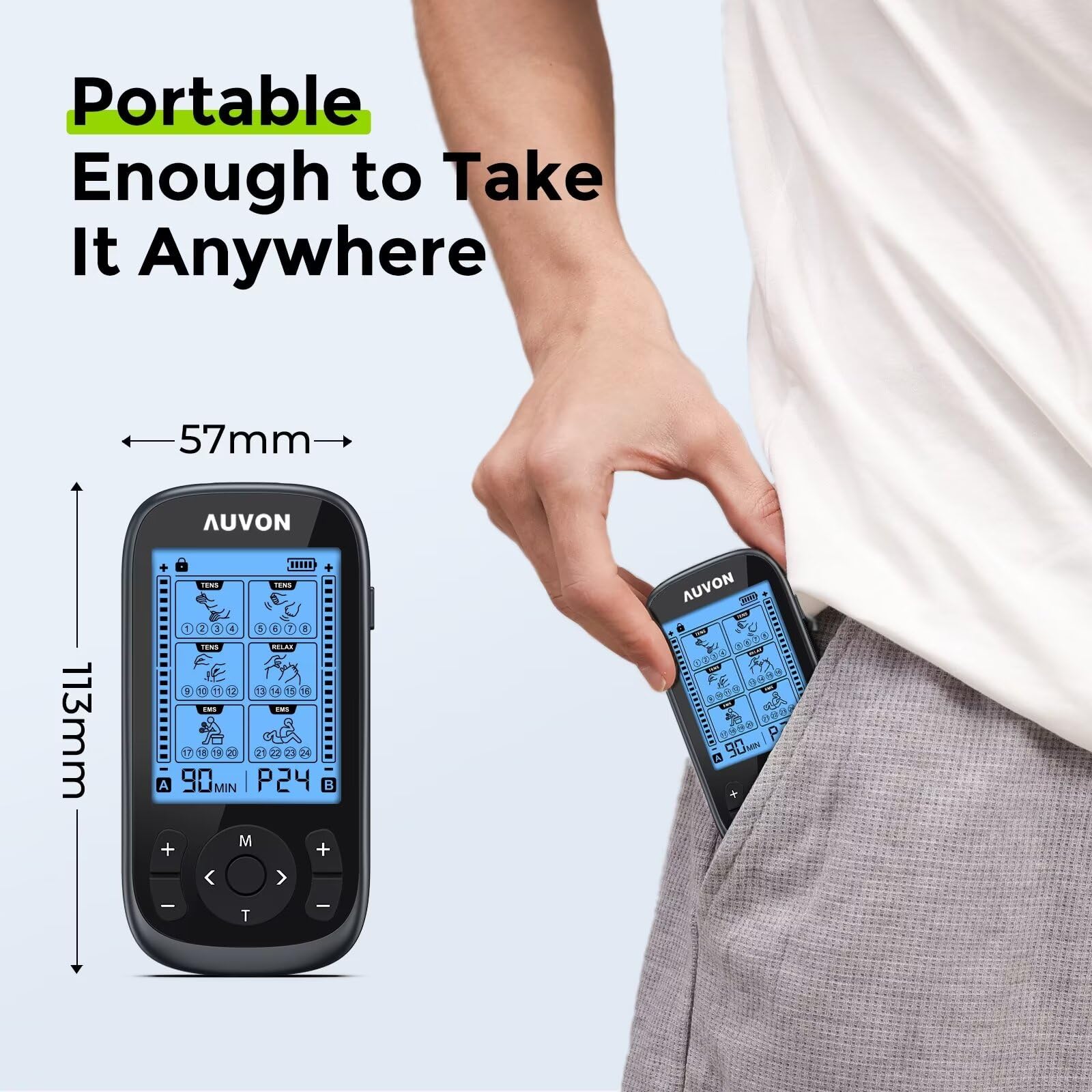 AUVON 3-in-1 TENS Machine, TENS EMS Muscle Stimulator with 40 Intensities for Gradual Shoulder, Sciatica, Back Pain Relief, 24 Modes Rechargeable TENS Unit Massager with 12 TENS Pads - Available at All In One Marketplace Canada
