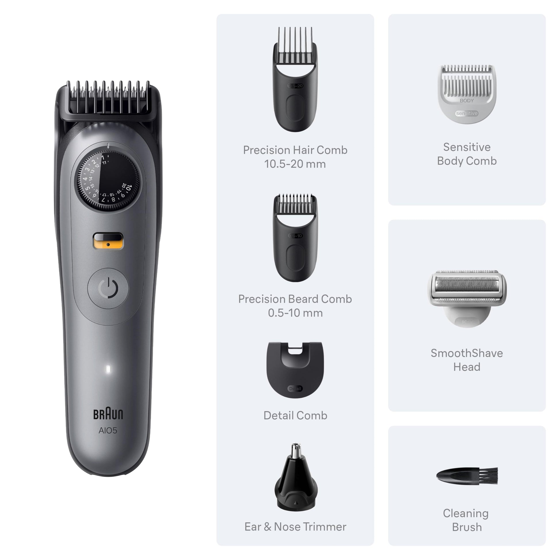 Braun All-in-One Series 5 Trimmer Kit, 40 Lengths, Ultra Sharp Blade, AIO 5510, Moonstone Grey - Available at All In One Marketplace Canada
