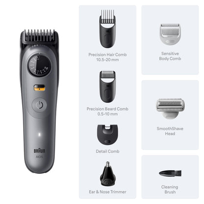 Braun All-in-One Series 5 Trimmer Kit, 40 Lengths, Ultra Sharp Blade, AIO 5510, Moonstone Grey - Available at All In One Marketplace Canada