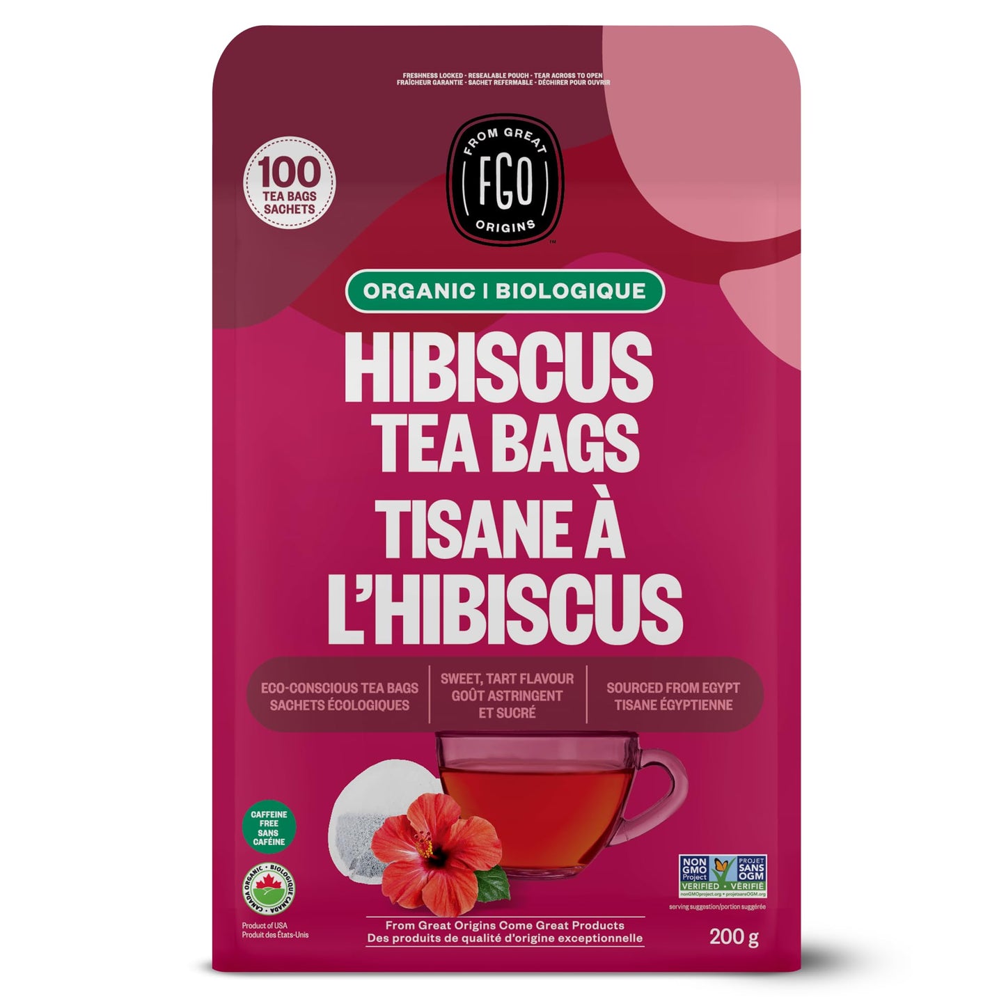 FGO Organic Hibiscus Tea - 100 Tea Bags in Resealable Eco-Friendly Packaging