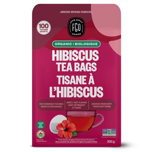 FGO Organic Hibiscus Tea - 100 Tea Bags in Resealable Eco-Friendly Packaging