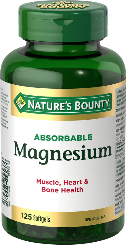 Nature's Bounty Absorbable Magnesium 400mg, Multi-coloured, 125 Softgels - Available at All In One Marketplace Canada