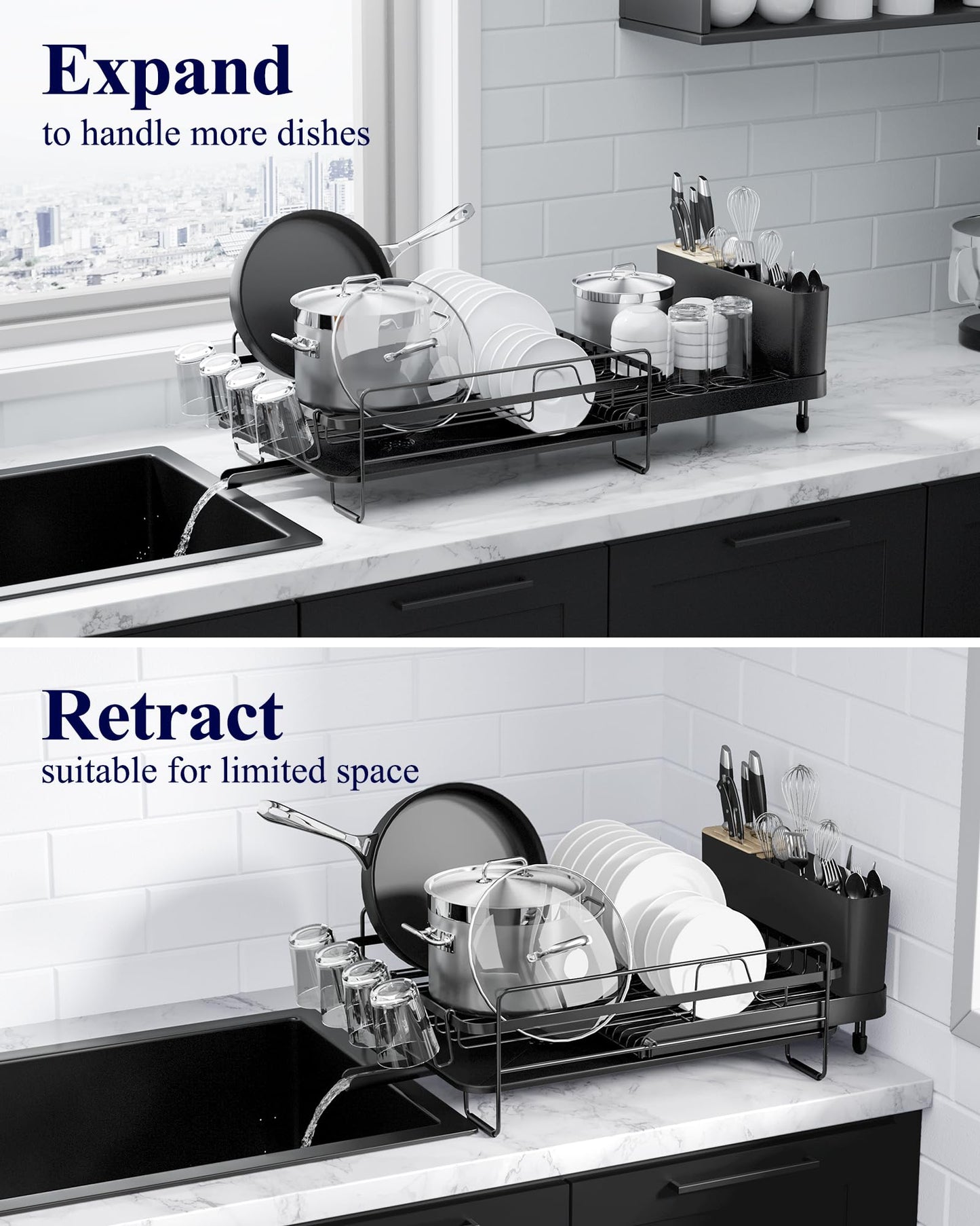 Kitsure Large Dish Drying Rack - Extendable Stainless Steel, Anti-Rust Kitchen Counter Rack with Cutlery & Cup Holders, 67.8 x 32.8 x 15.0cm, Black - Available at All In One Marketplace Canada
