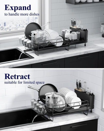 Kitsure Large Dish Drying Rack - Extendable Stainless Steel, Anti-Rust Kitchen Counter Rack with Cutlery & Cup Holders, 67.8 x 32.8 x 15.0cm, Black - Available at All In One Marketplace Canada