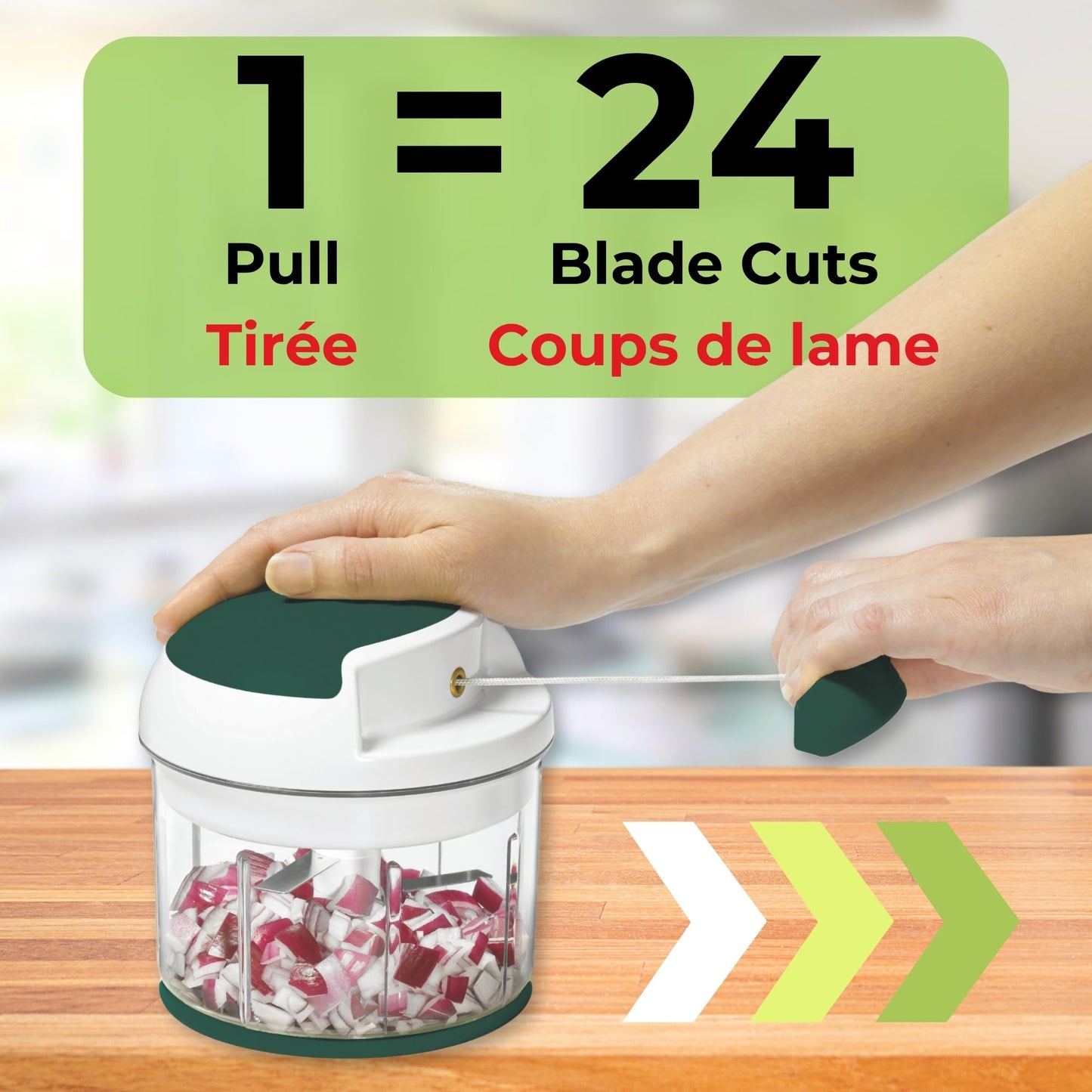 Starfrit Pull Chopper, Multi Purpose Manual Food Processor, 3 Blade System for a Faster Cut, From Large Chunks to Purée, Self-Retracting Cord, Fruits, Vegetables, Meats and Crushes Ice - Available at All In One Marketplace Canada