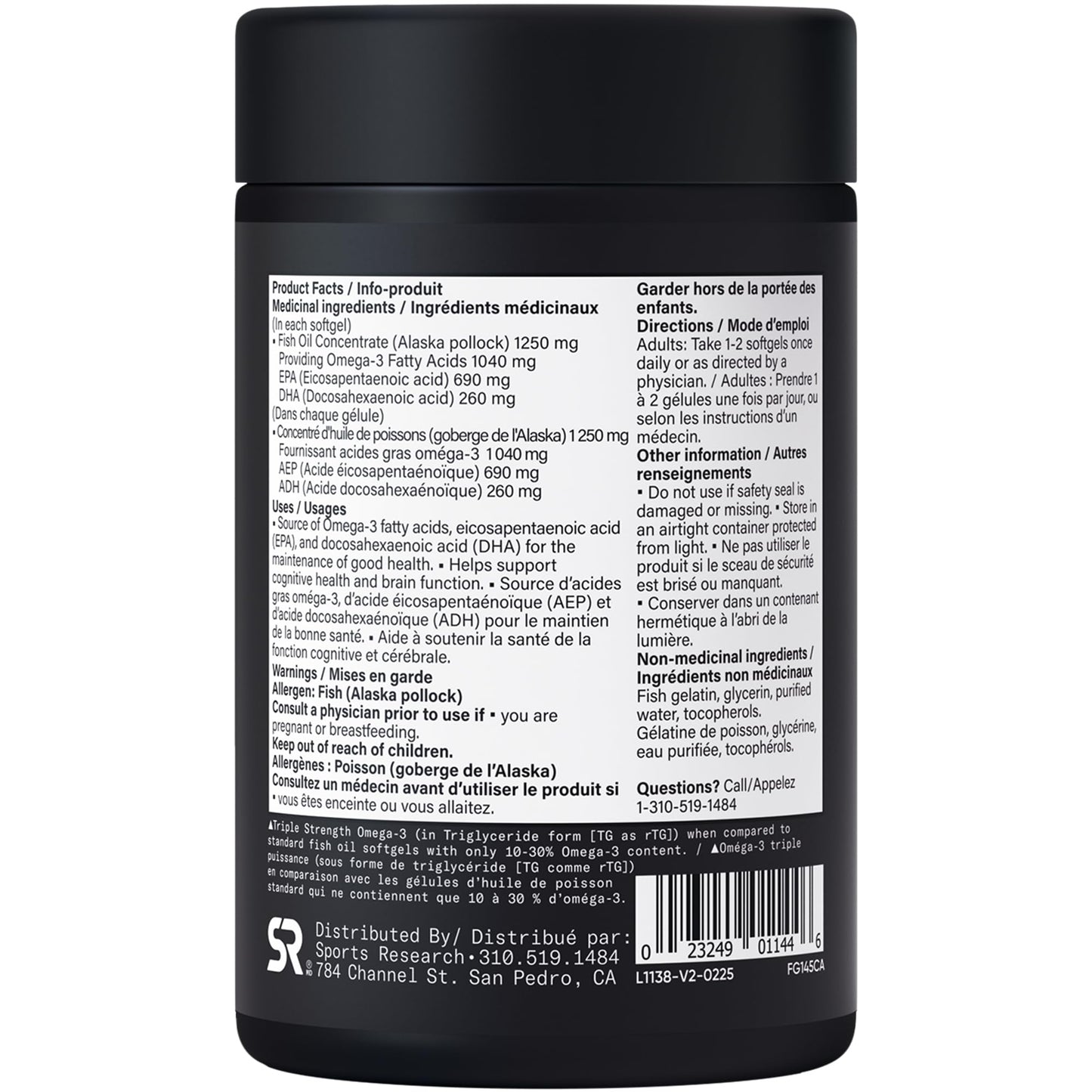 Sports Research® Triple Strength Omega 3 Fish Oil - Burpless Fish Oil Supplement w/EPA & DHA Fatty Acids from Wild Alaskan Pollock - Heart, Brain & Immune Support for Men & Women - 1250 mg, 30 count