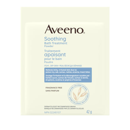 Aveeno Soothing Bath Treatment, Eczema, Dry Skin Relief, Colloidal Oatmeal Bath, Cleanser, Fragrance Free, 8-pack, 42 gram - Available at All In One Marketplace Canada