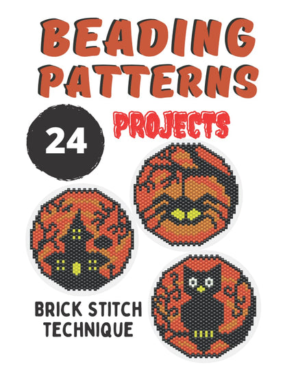 Modèles de perles Miyuki en brick stitch pour la collection d'Halloween : 24 projets : Citrouilles, fantômes, vampires, chats noirs, chauve-souris, crânes, château, Dracula, chouettes, clown, zombie - Cadeau pour brodeuses