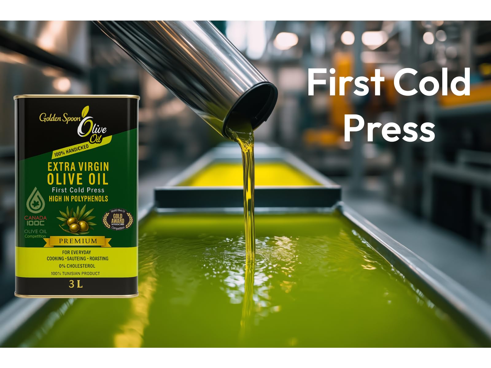 Golden Spoon Premium Extra Virgin Olive Oil 3L – Award-Winning Cold-Pressed Chemlali Variety, Low Acidity (0.18%), Polyphenol-Rich