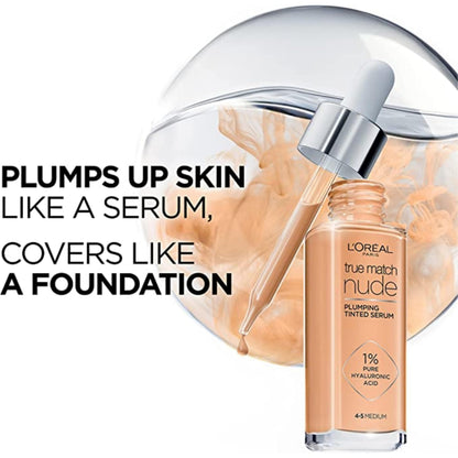 L’Oréal Paris True Match Nude Hyaluronic Foundation, Tinted Face Serum Foundation with Hyaluronic Acid for Lightweight Coverage and Instant Hydration, Radiant Finish - Light, 30 mL - Available at All In One Marketplace Canada