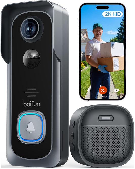 BOIFUN Video Doorbell Camera Wireless – No Subscription Required, 2K HD, 166° Wide View, HDR Night Vision, Motion Alerts, Two-Way Audio & Package Watch with Chime, Battery Powered, 2.4 GHz Wi-Fi Only - Available at All In One Marketplace Canada