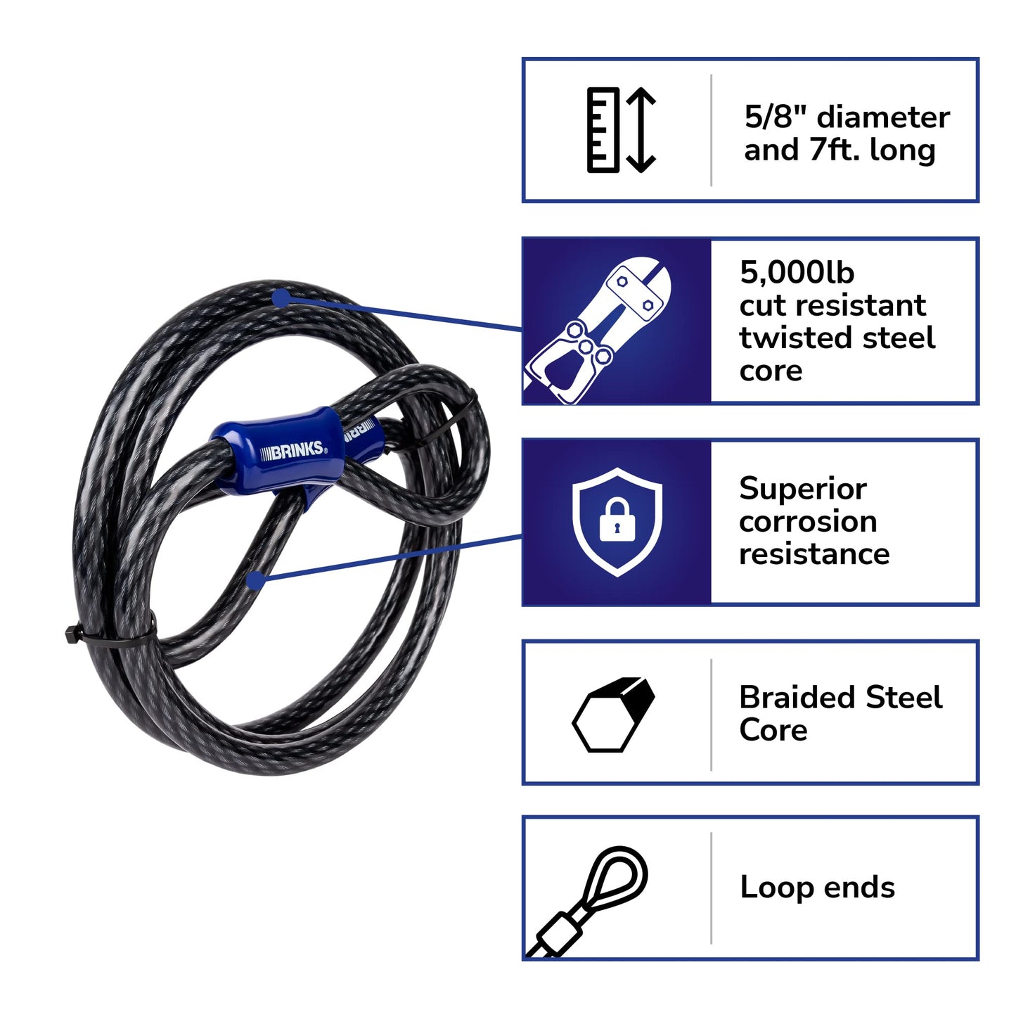 BRINKS - 7 ft x 5/8" Commercial Steel Braided Loop Cable - Heavy Duty Vinyl Wrap for Corrosion Protection 🍁 All In One Marketplace Canada