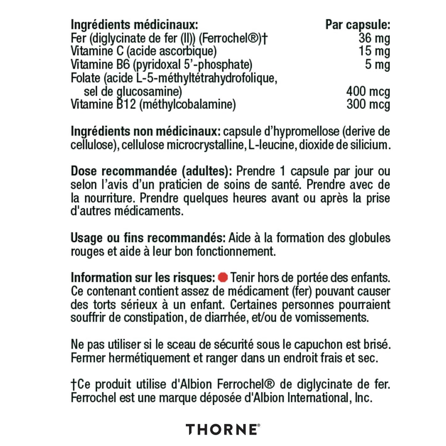 Thorne Ferrasorb - Complete Blood Support Formula with Iron, Folate, and B vitamins - 60 Capsules - 60 Servings - Available at All In One Marketplace Canada