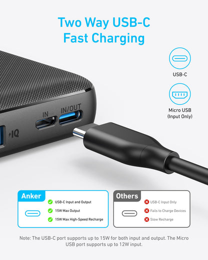 Anker Power Bank(PowerCore 10K),Compact Travel-Ready 10,000mAh Battery Pack with PowerIQ Charging Technology,5V/3A High-Speed Charging for iPhone,iPad,and More (USB-C Input and Output（Black），1pack) - Available at All In One Marketplace Canada